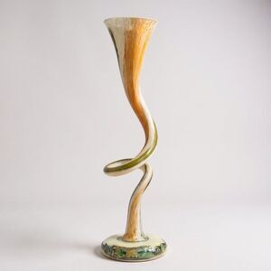 Krosno JOZEFINA Handmade Art Glass VASE 14"H Swirl Design Green, Orange & Whitew